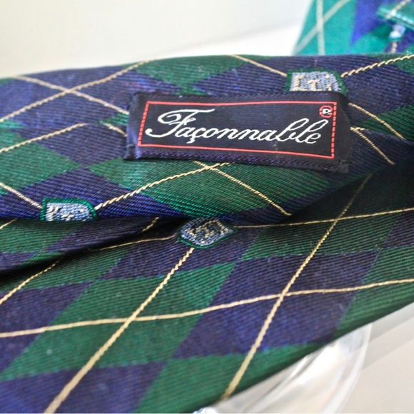 FACCONABLE MENS TIE GREEN NAVY ARGYLE VINTAGE 100% SILK MADE IN FRANCE - Picture 6 of 7